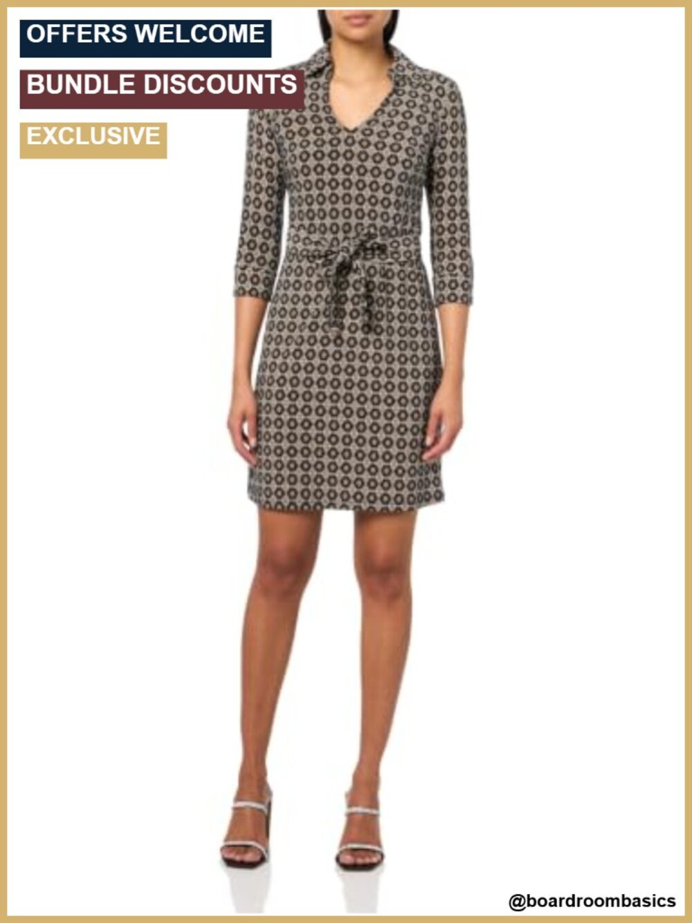3/4 Sleeve Collared V-Neck Tie Waist Mini Dress